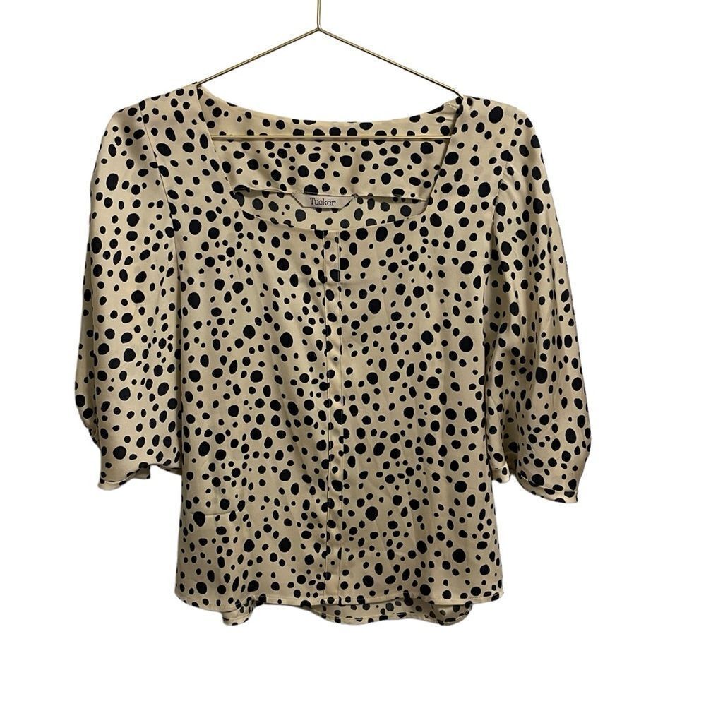 Tucker Silk Blouse Tan Black Dalmatian Polka Dot Square Neck Puff Sleeve Top